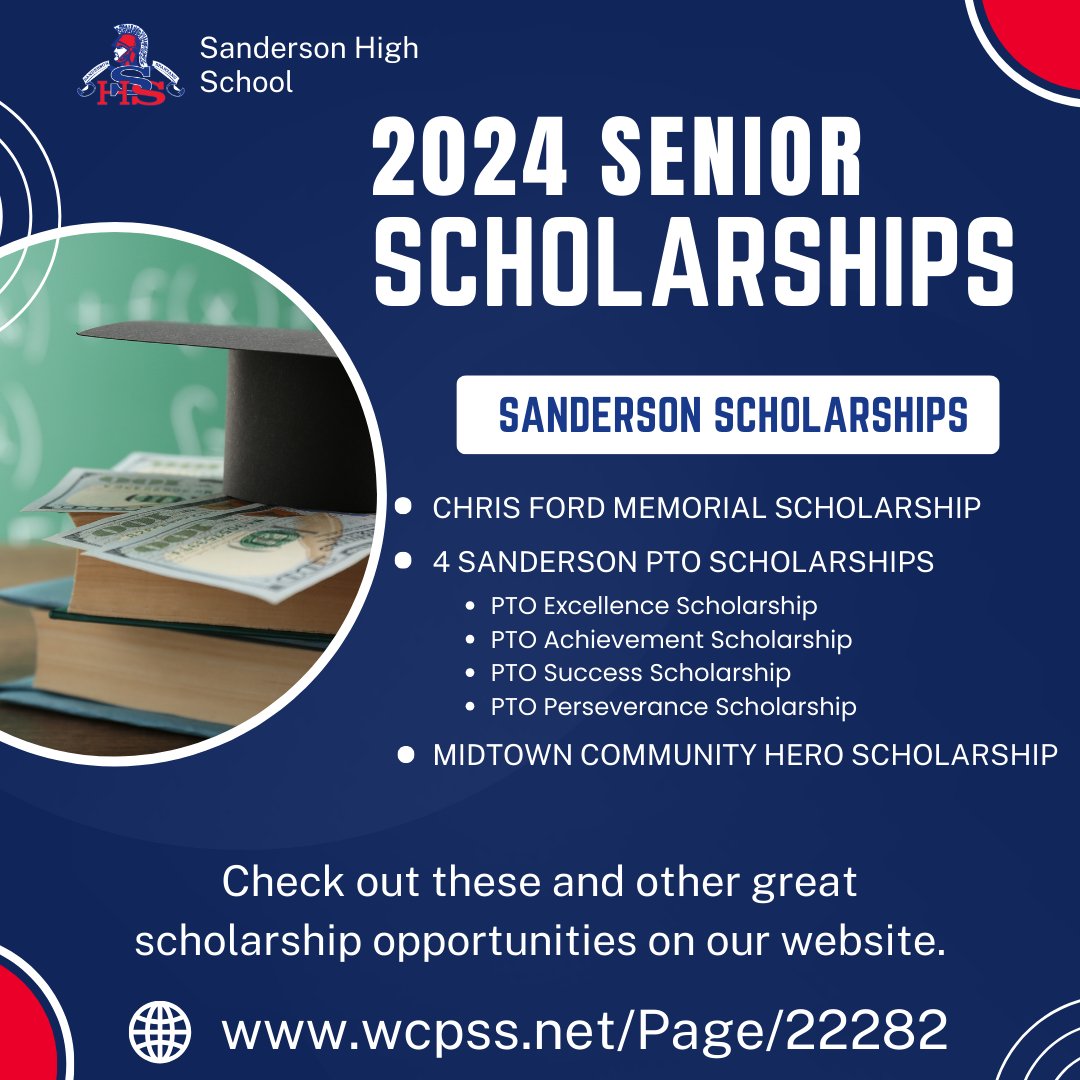 Seniors - Check out the great scholarship opportunities available just to you on our website.
-Chris Ford Memorial Scholarship
-4 Sanderson PTO Scholarships
-Midtown Community Hero Scholarship

Many more opportunities in our scholarship bulletin. 

Go to: wcpss.net/Page/22282