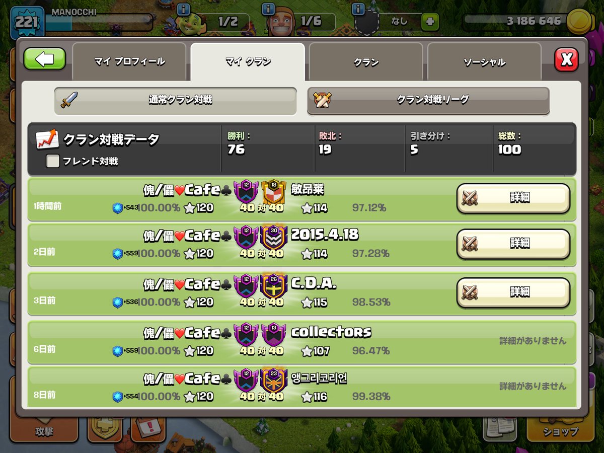manocchi_coc's tweet photo. 記念すべき傀儡カフェ第100回クラン対戦はこちらのパーフェクト勝利で終了㊗️これまでの成績は76勝19敗5分け、現在は50試合以上負け無し、34回連続パーフェクトでございます🥰これも皆が勝利を求め続けて同格全壊、偵察、ヒットアップ、埋め(etc)色々な形で貢献してくれるおかげです！感謝🙏🙏 https://t.co/i1YJUSevWa