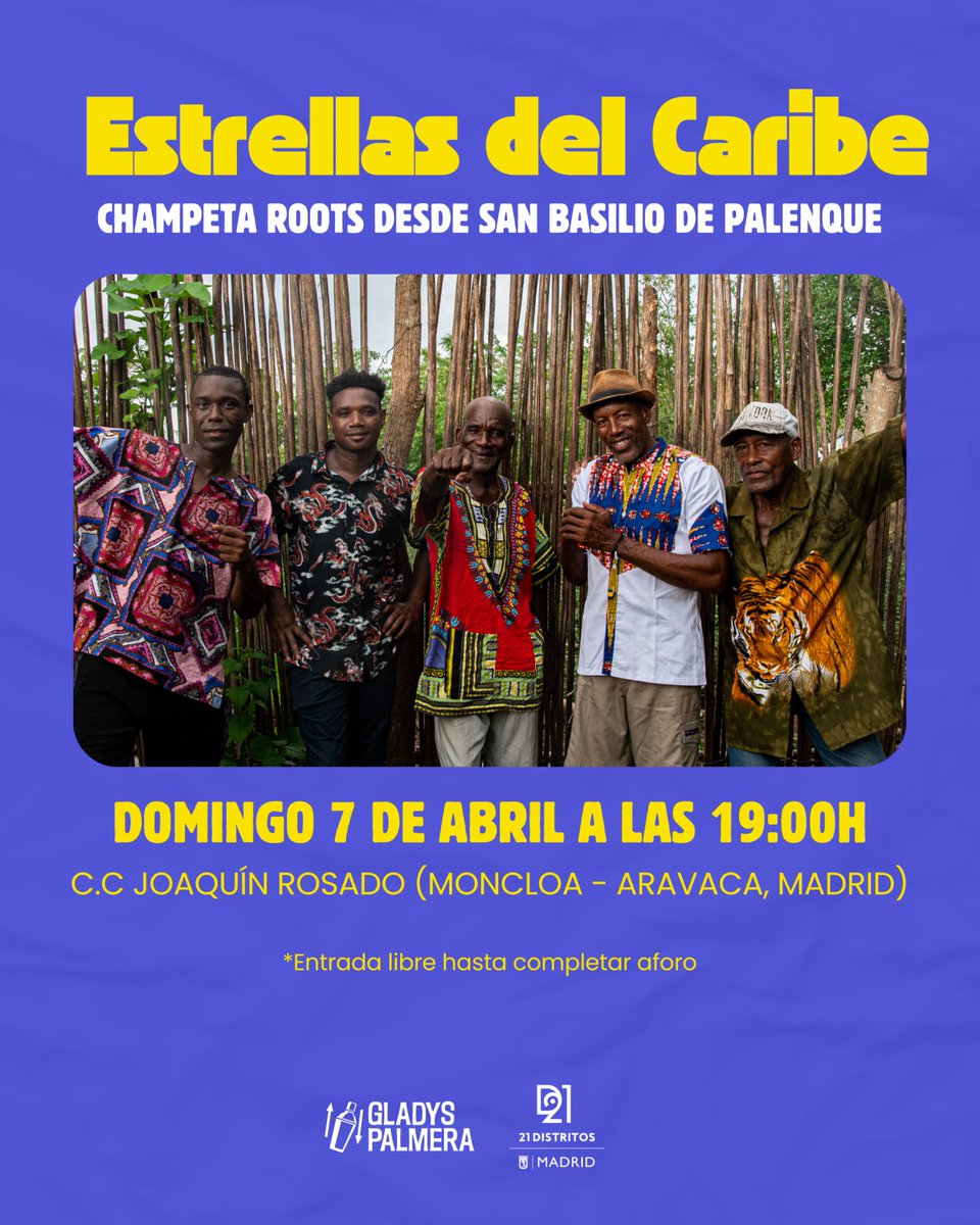 ❤️‍🔥Atención al concierto que os traemos junto a @21distritos_

🌴 El próximo 7 de abril llegan por primera vez a Madrid desde San Basilio de Palenque Estrellas del Caribe.

¡Os esperamos!

📅domingo 7 de abril, 19:00H
📍C.C Joaquín Rosado (Madrid)
🎟️ Entrada libre