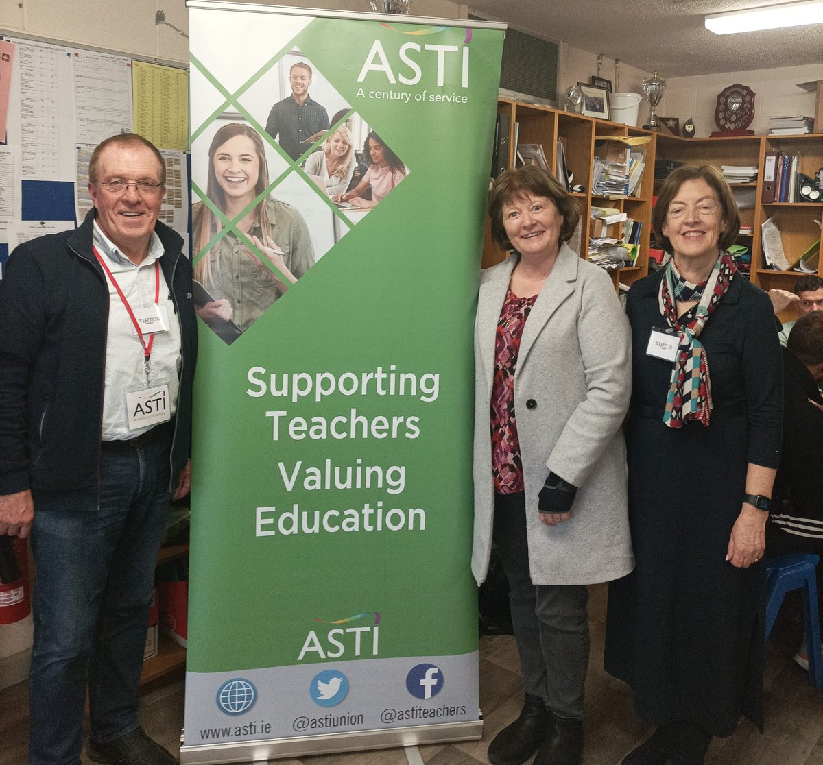 Michael McGrath, ASTI Honorary National Organiser pictured with current school steward Geraldine Hanley and Breda Lynch, ASTI Industrial Relations Official on a visit to Gort Community School on Friday March 21st @OfficialGortCS