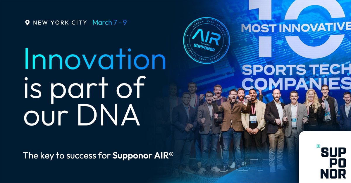 Supponor's tweet image. Innovation is part of our DNA, and the key to the success of #SupponorAIR. It was a privilege to see our team being recognised as one of the Top 10 Most Innovative Sports Tech Companies, by @SBJ, next to other leaders moving the sports industry forward.  #VisualAdvertising