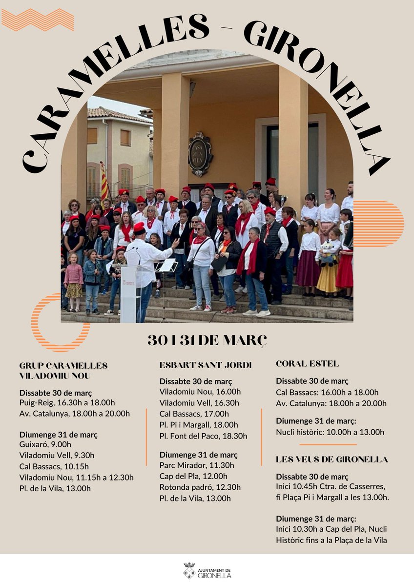 AjGironella's tweet photo. 🎼 Aquest cap de setmana les caramelles ompliran carrers i places de Gironella.

El Grup de caramelles de Viladomiu Nou, la Coral Estel, Les Veus de Gironella i l'Esbart Sant Jordi recorreran el municipi.

La trobada final serà diumenge a les 13.00h a Plaça de la Vila https://t.co/o15BmYGJVa