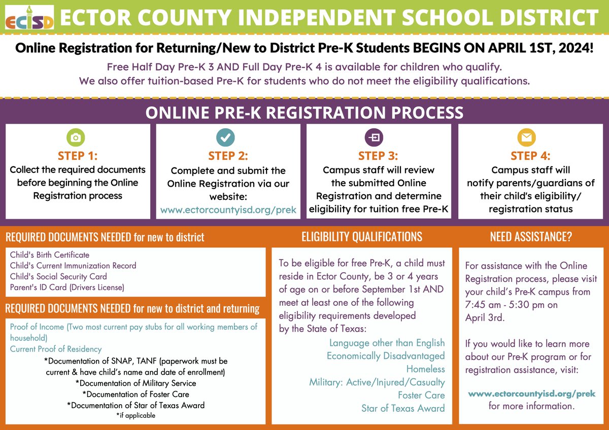 🌟 Big news for parents! 🌟 Pre-K online registration starts April 1, 2024! FREE half-day for Pre-K 3 & full-day for Pre-K 4 available, with tuition options too. Don't miss out! Details at ectorcountyisd.org/prek. #PreKRegistration #EarlyEducation 🍎📚✏️