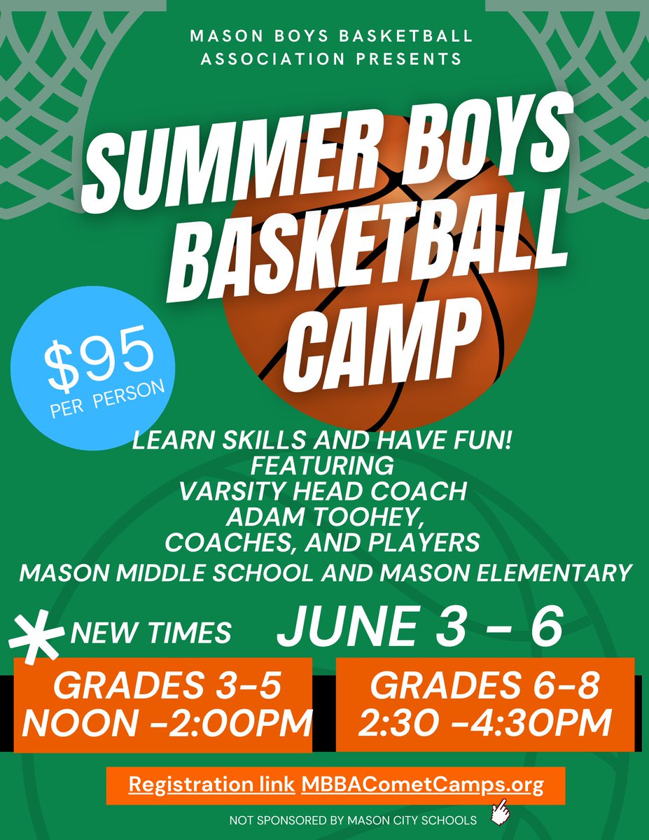 With March Madness starting today, get your son signed up for basketball camp in June! New times for those wanting to do both football and basketball camp Register today to save your spot! mbbacometcamps.org @MasonSchools @MHSsportsradio @MasonHSComets @coachadamtoohey