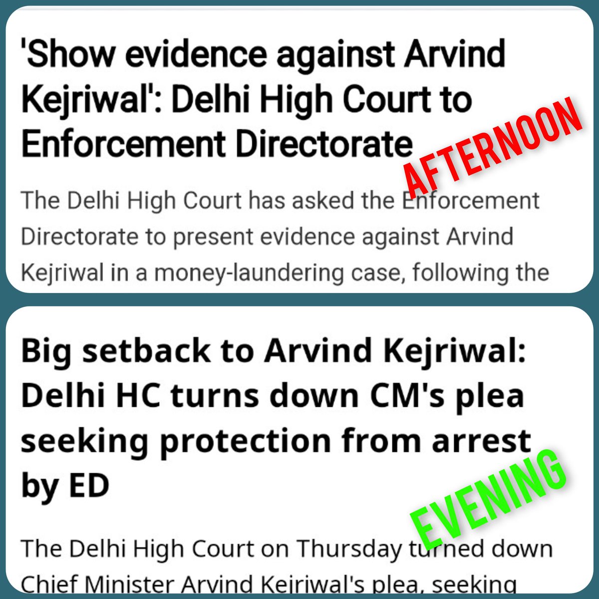 Logical_Girll's tweet photo. This happened today in Delhi Highcourt

Court asked ED's lawyer to show evidence against Kejriwal

Kejriwal lawyer said yes we also want to see

ED said we can't show evidence to Kejriwal

Court said ok, only we would see. Judge went in chamber n there judge saw file of ED against Kejriwal and seeing that even judge was surprised

Judge asked to ED - Why have you not arrested this man till now

Judge denied to give any relief to Kejriwal 

Kejriwal is the mastermind of Delhi liquor scam. There is so much evidence against him that is enough to keep him in Jail for a long time