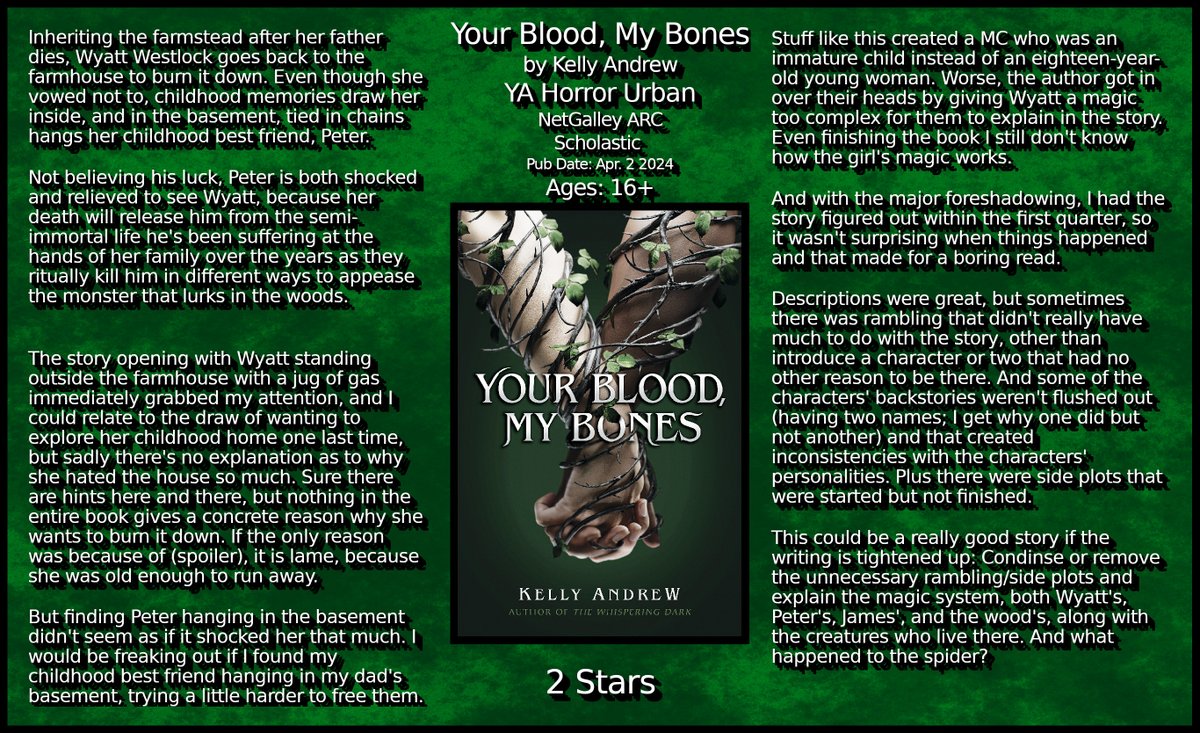 Your Blood, My Bones by Kelly Andrew #YA #Horror #Urban @NetGalley ARC Scholastic Pub Date: Apr. 2 2024 Ages: 16+ 2 Stars #YourBloodMyBones #BookTwitter #bookblogger #bookworm #BookBlogging #bookreviews #ilovebooks #booklovers #bookaddict #NetGalley