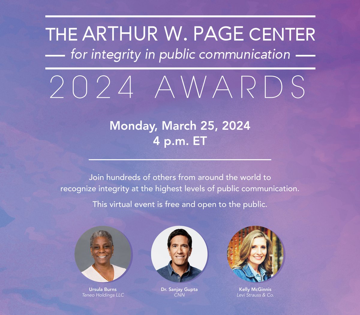 On Monday, Ursula Burns, <a href="/drsanjaygupta/">Dr. Sanjay Gupta</a> and Kelly McGinnis join us for discussions on AI, corporate advocacy, disinformation, trust-building, and more. Register for the #PageCenterAwards today: mailchi.mp/psu/pagecenter…