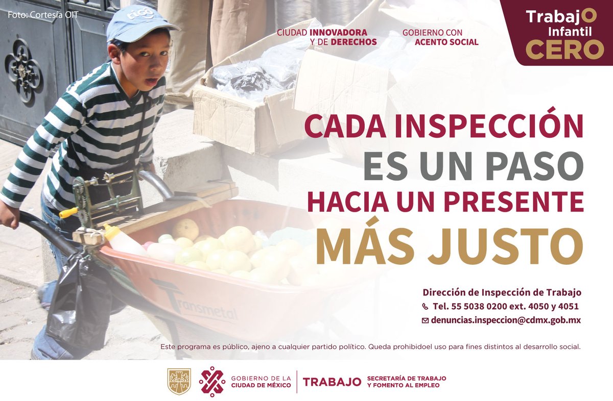 Si eres testigo de cualquier tipo de #TrabajoInfantil en la #CDMX, no lo dejes pasar. ¡Realiza tu #denuncia en el Área de Inspección Laboral! ☎️ 55 50380200 ext. 4050 y 4051 📩 denuncias.inspeccion@cdmx.gob.mx  #TrabajoEnLaCiudad