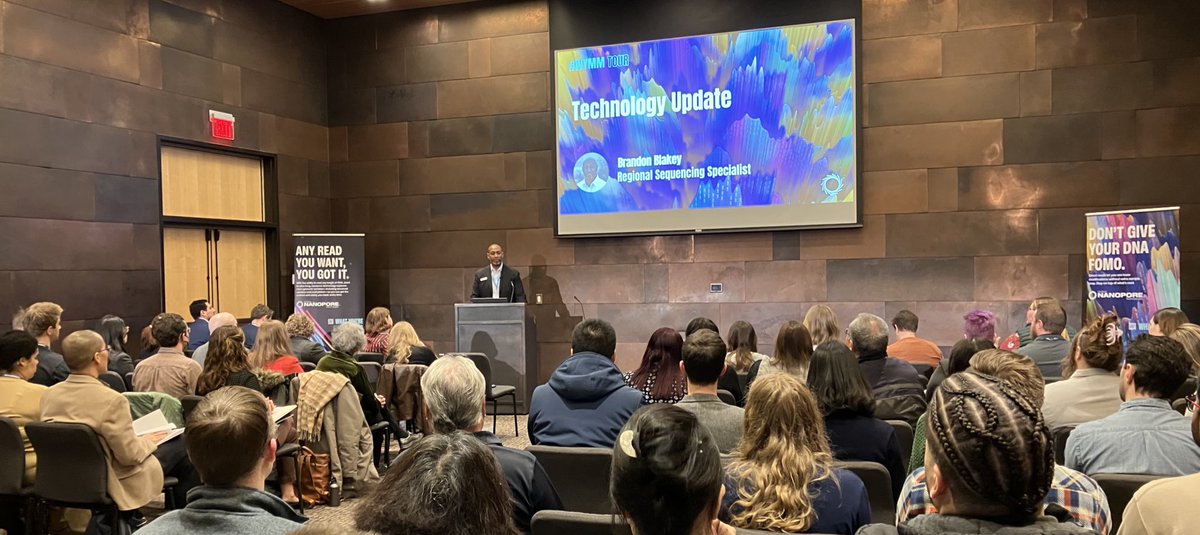 Brandon Blakey, <a href="/nanopore/">Oxford Nanopore</a> sequencing specialist, kicks things off with a tech update to a packed room! Great to see you all at #WYMM Tour: Minneapolis #nanopore