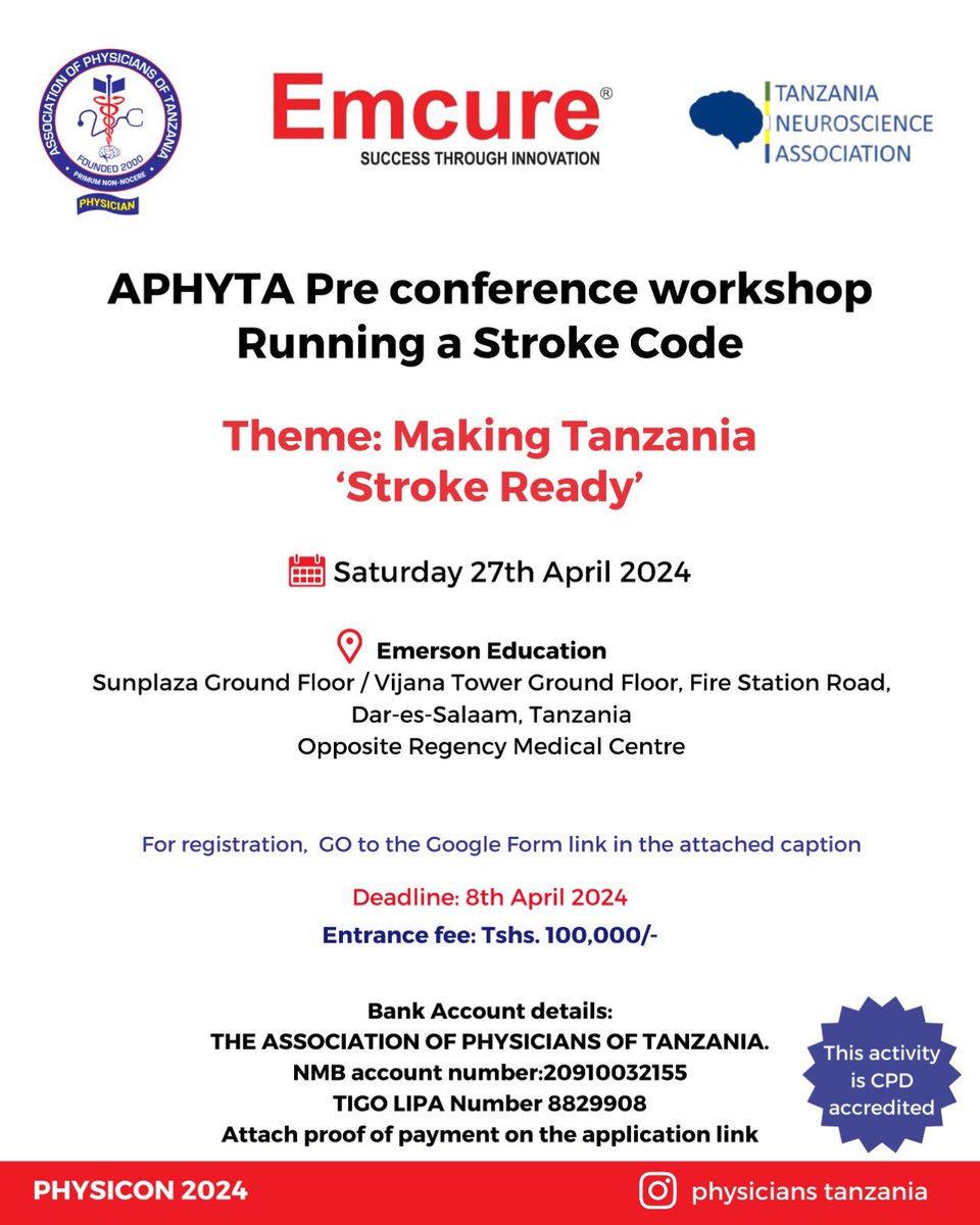 @tzneuroscience (@tzneuroscience) on Twitter photo We are thrilled to announce our collaboration with <a href="/Aphytanzania/">Association of Physicians of Tanzania</a> to conduct a pre-conference #StrokeCode workshop in #Tanzania. The workshop is aimed at ‘Making Tanzania Stroke-Ready’. Don't miss out on this pertinent event! Register now at: forms.gle/QfmwkxPzTMzypB… We are thrilled to announce our collaboration with <a href="/Aphytanzania/">Association of Physicians of Tanzania</a> to conduct a pre-conference #StrokeCode workshop in #Tanzania. The workshop is aimed at ‘Making Tanzania Stroke-Ready’. Don't miss out on this pertinent event! Register now at: forms.gle/QfmwkxPzTMzypB…