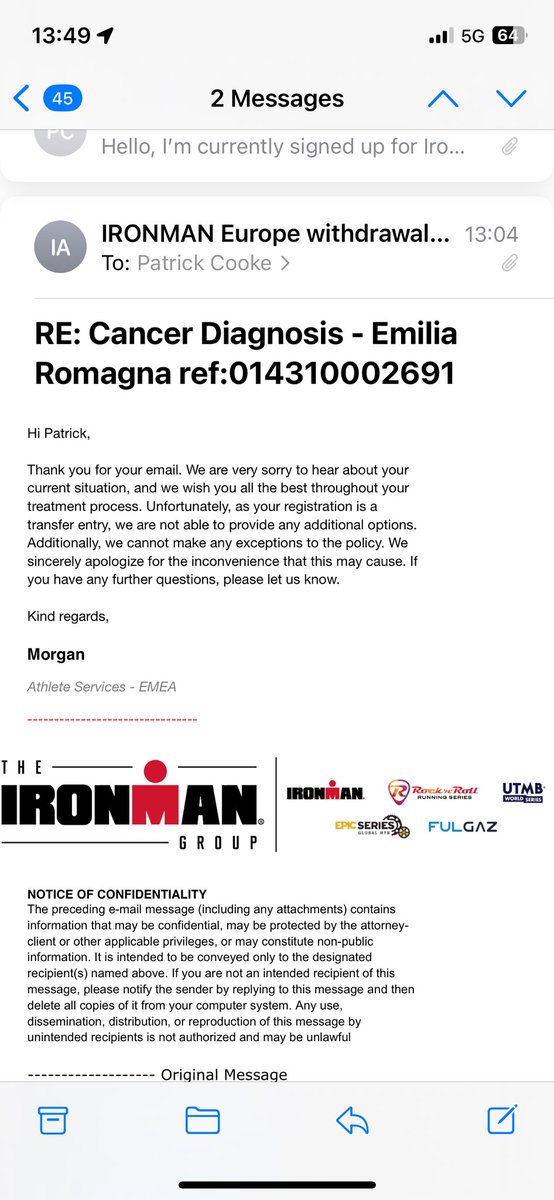 . @IRONMANtri was recently diagnosed with cancer and Ironman EU provide me this response when I request to defer to 2025! Wow. #ironman #ironmantri #triathlon #ironman703