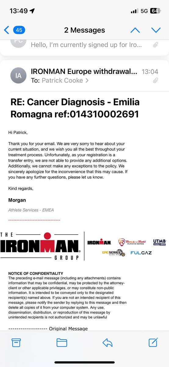 . <a href="/IRONMANtri/">IRONMAN Triathlon</a> was recently diagnosed with cancer and Ironman EU provide me this response when I request to defer to 2025! Wow. #ironman #ironmantri #triathlon #ironman703