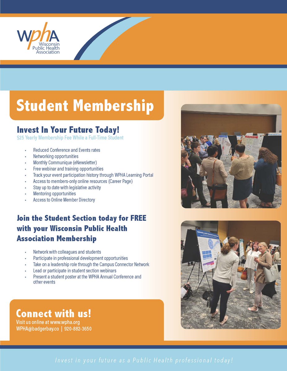 Attention students❗️Do we have a deal for you🤩 A year-long WPHA student membership in ONLY $25. Get discounts on events, like the Annual Public Health Conference, countless networking and educational opportunities, and connections to advance your career! Check out the flyer 👇