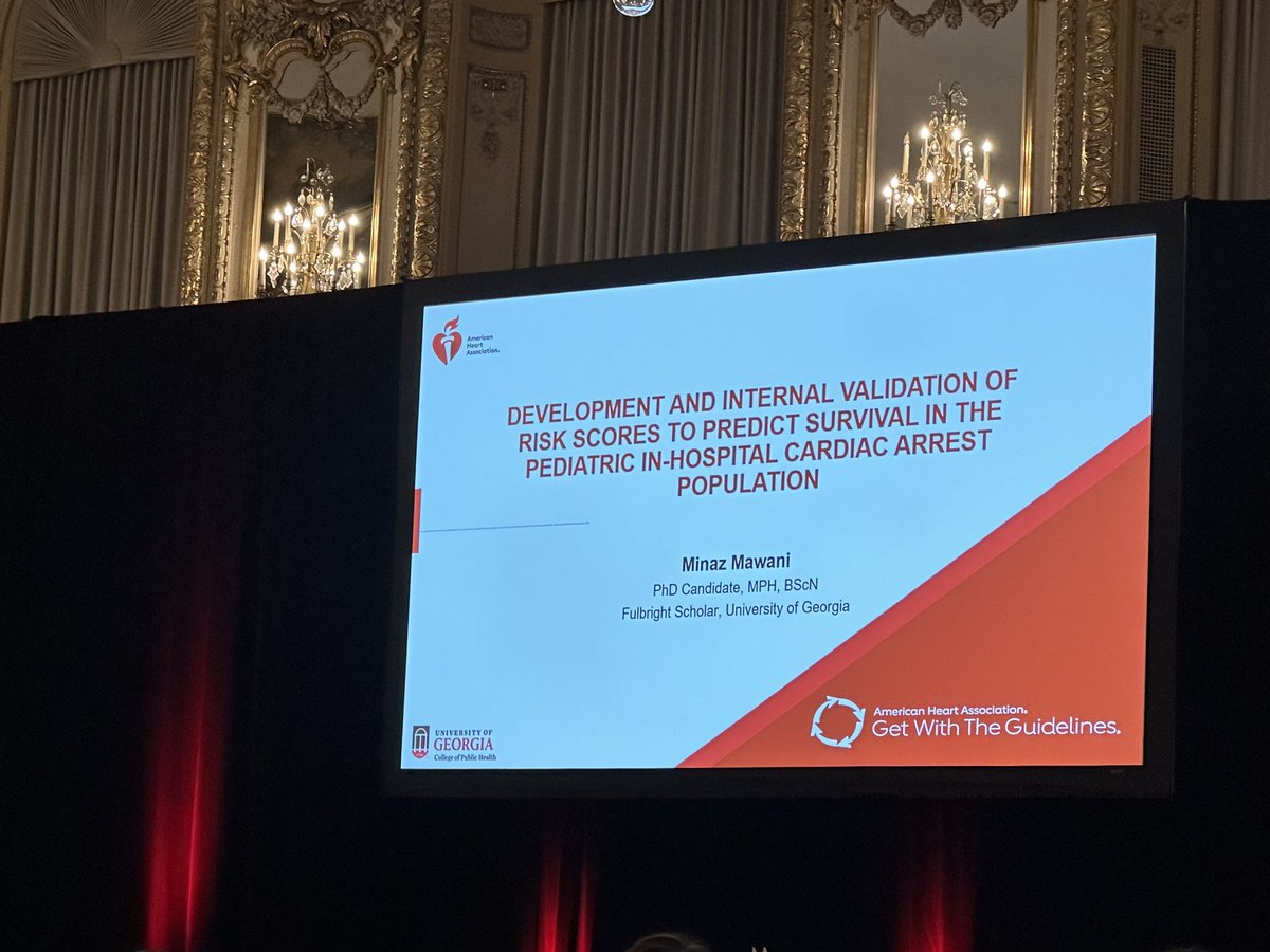 .@MinazMawani a PhD candidate from @universityofga @PublicHealthUGA is presenting findings in her study on the development and validation of risk scores to predict pediatric survival for in-hospital cardiac arrest @JAHA_AHA @AHAScience #EPILifestyle24 #JAHAMeetingReport