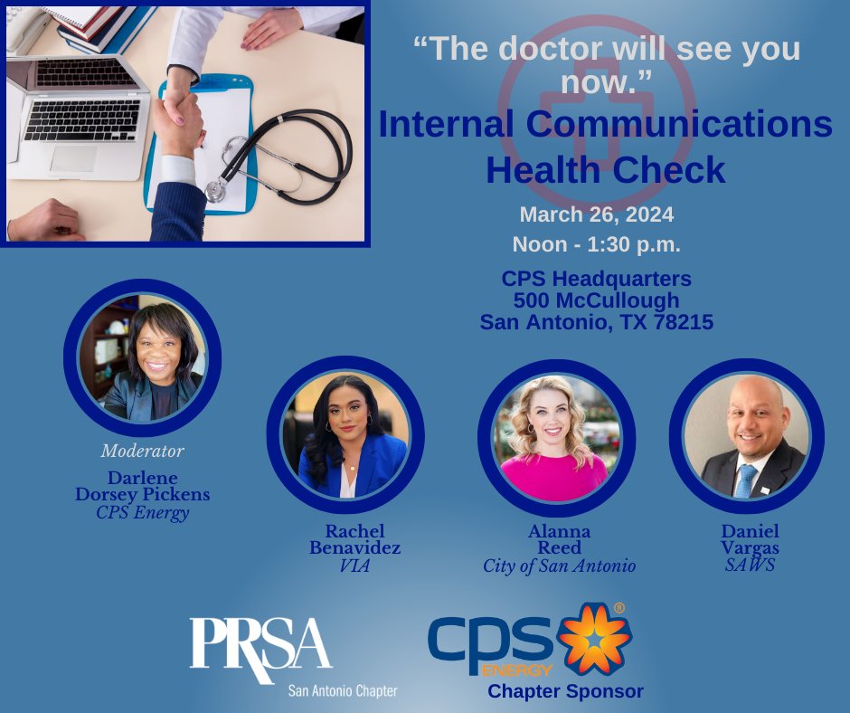 Still a few seats left!
"The doctor will see you now." Have you checked on the health of your Internal Communications strategies lately? Come join us!
prsanantonio.com/meetinginfo.ph…