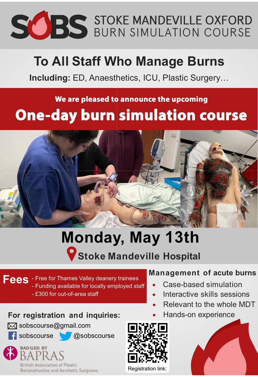 The burns team here at Stoke Mandeville Hospital will be running another Burn Simulation Course on May 13th 2024, please share widely #Burns #BeBurnsAware @BucksHealthcare @OUHospitals @BritishBurn @MKHospital @RBNHSFT @sobscourse