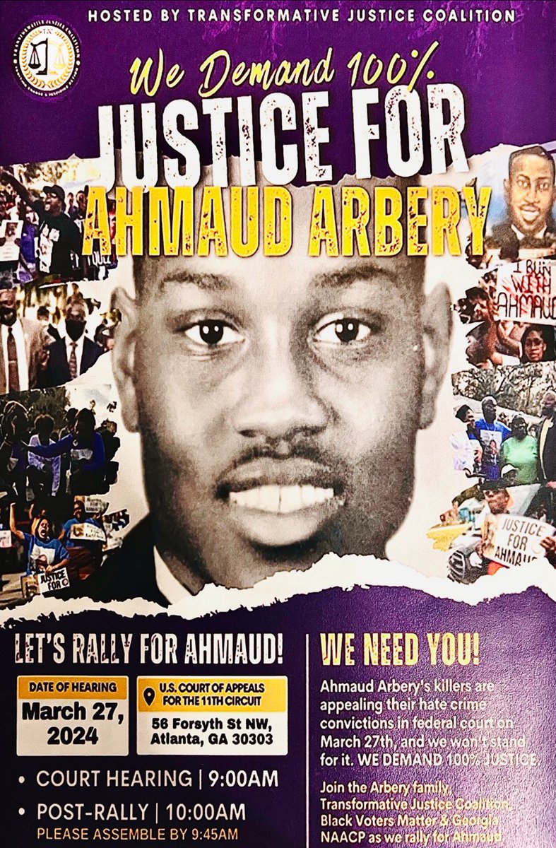 Kalonjichanga's tweet photo. Attend court with Ahmaud’s family March 27th 9 AM ET at the US Court Of Appeals 11th circuit.

Killers of Ahmaud Arbery are trying to Appeal the Hate Crime Conviction and we are asking for All advocates and organizations to come Rally at the Appeal @9:15am. https://t.co/w2dxm8QyIV