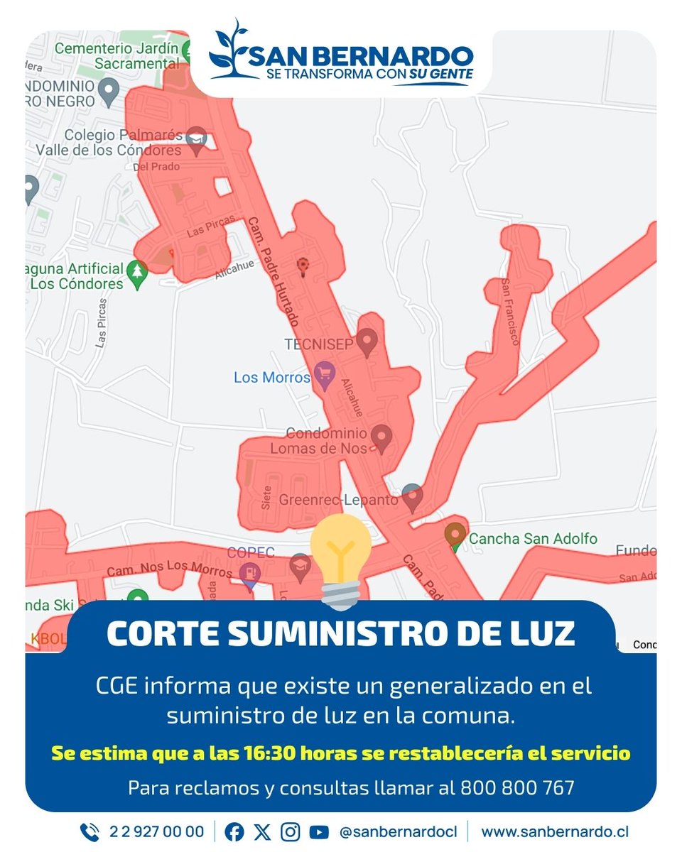 📷 Vecinos y vecinas desde CGE se informa que existe un corte generalizado de suministro de luz en la comuna. De momento, se estima que a las 16:30 horas se restablecería el servicio. 📷 Para reclamos y consultas dirigirse a bit.ly/3x5HDPX o al 800 800 767.