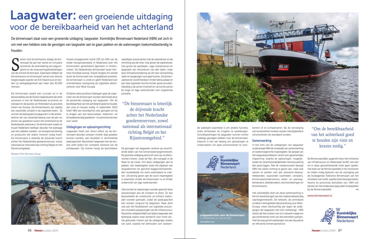 In het vandaag verschenen #Havenlocaties 2024 staat een artikel over 'Laag Water: een groeiende uitdaging voor de bereikbaarheid van het achterland', met daarin de visie van Koninklijke #Binnenvaart Nederland. Lees meer: onlinetouch.nl/jagermedia/hav…