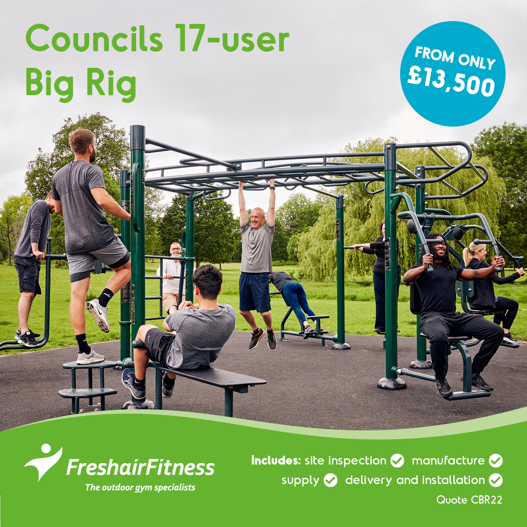 The Big Rig forms the heart of communities, with 70+ installations across the UK. Accomodates 17 users. Workout stations include Lat Pull Down, Chest Press, Hip Twister, Sit Up Bench, Leg Lift, Leg Press, Dorsal Raise & Step Up. Several surfacing options available. #outdoorgym
