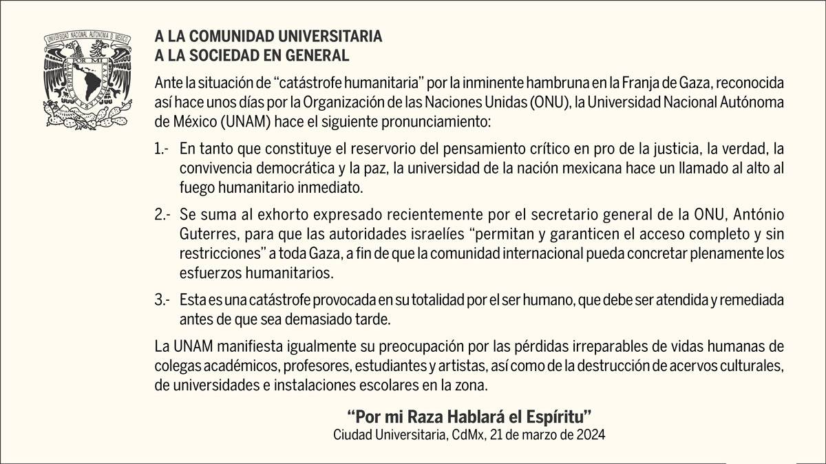 UNAMdigital's tweet image. La #UNAM se pronuncia ante la &quot;catástrofe humanitaria&quot; por la inminente hambruna en la Franja de Gaza, reconocida por la #ONU.