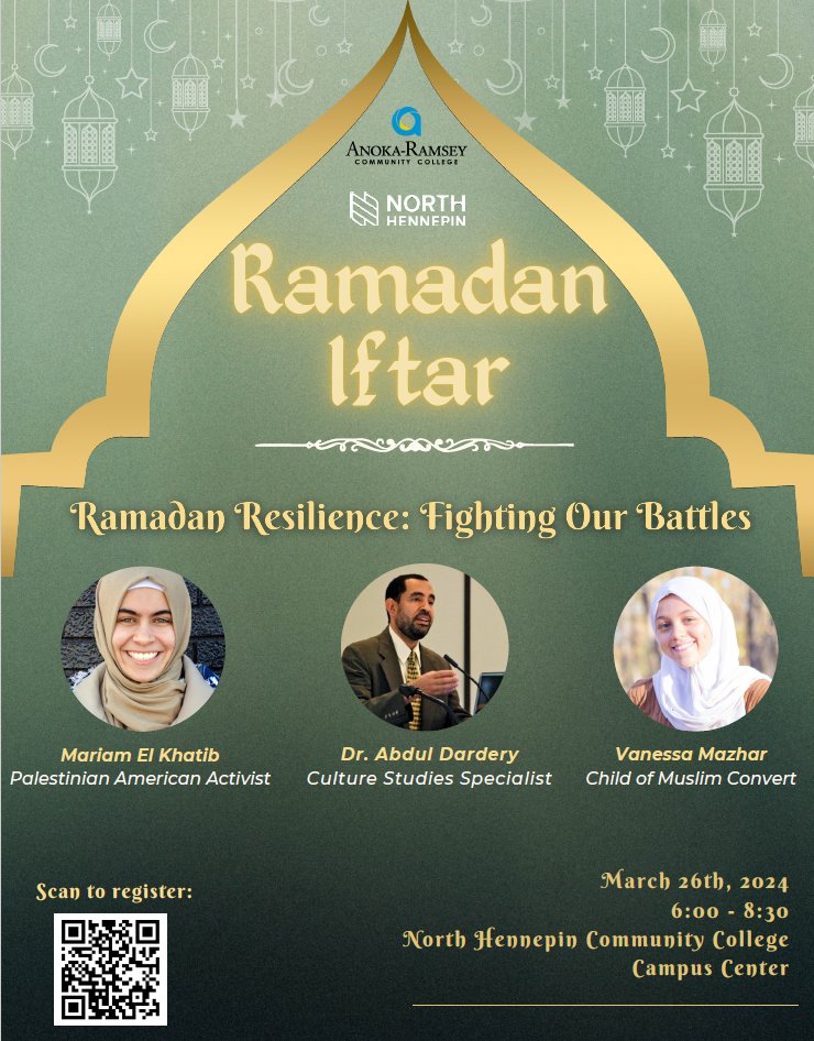 The Salam Club is hosting "Ramadan Iftar Night" at North Hennepin Community College March 26, 2024 from 6:00pm-8:30pm.