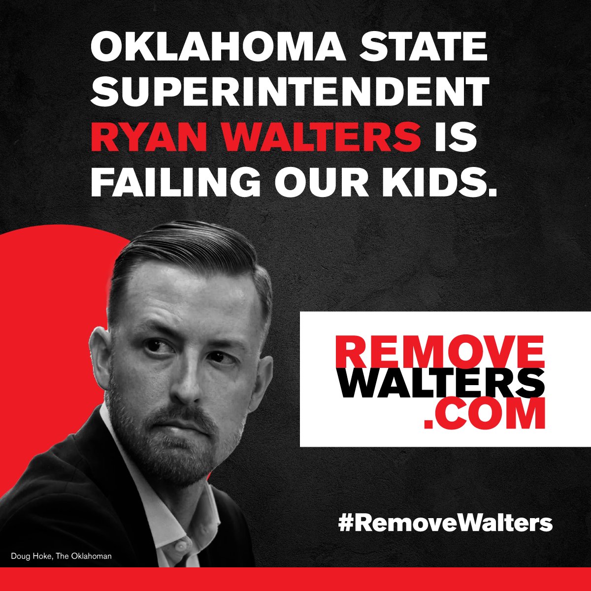 Oklahoma State Superintendent Ryan Walters is a FAILURE. He misused tax dollars, appointed an internet troll to a political position, let his state rank 49th in education, and bullied LGBTQ+ students and teachers.

HE HAS TO GO. #RemoveWalters now:
removewalters.com