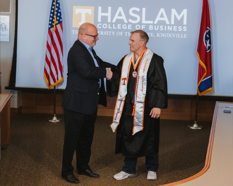 HaslamUT's tweet photo. Yesterday, we celebrated Staff Sgt. Christian Weaver, a business management major serving in the Tennessee Air National Guard. Weaver is unable to attend Spring commencement due to his deployment, so join us in celebrating him. #HaslamReady #HaslamEngaged #HaslamPrepared https://t.co/UUIiQV5GqU