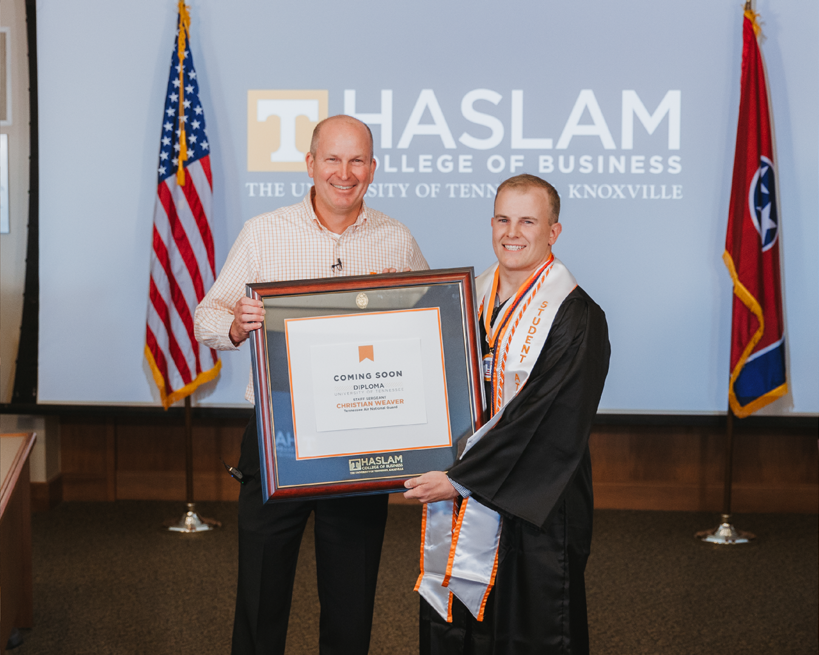 HaslamUT's tweet photo. Yesterday, we celebrated Staff Sgt. Christian Weaver, a business management major serving in the Tennessee Air National Guard. Weaver is unable to attend Spring commencement due to his deployment, so join us in celebrating him. #HaslamReady #HaslamEngaged #HaslamPrepared https://t.co/UUIiQV5GqU