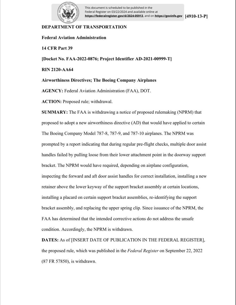 The FAA is withdrawing a notice of proposed rulemaking (NPRM) that proposed to adopt a new airworthiness directive (AD) that would have applied to certain The Boeing Company Model 787-8, 787-9, and 787-10 airplanes. public-inspection.federalregister.gov/2024-05913.pdf