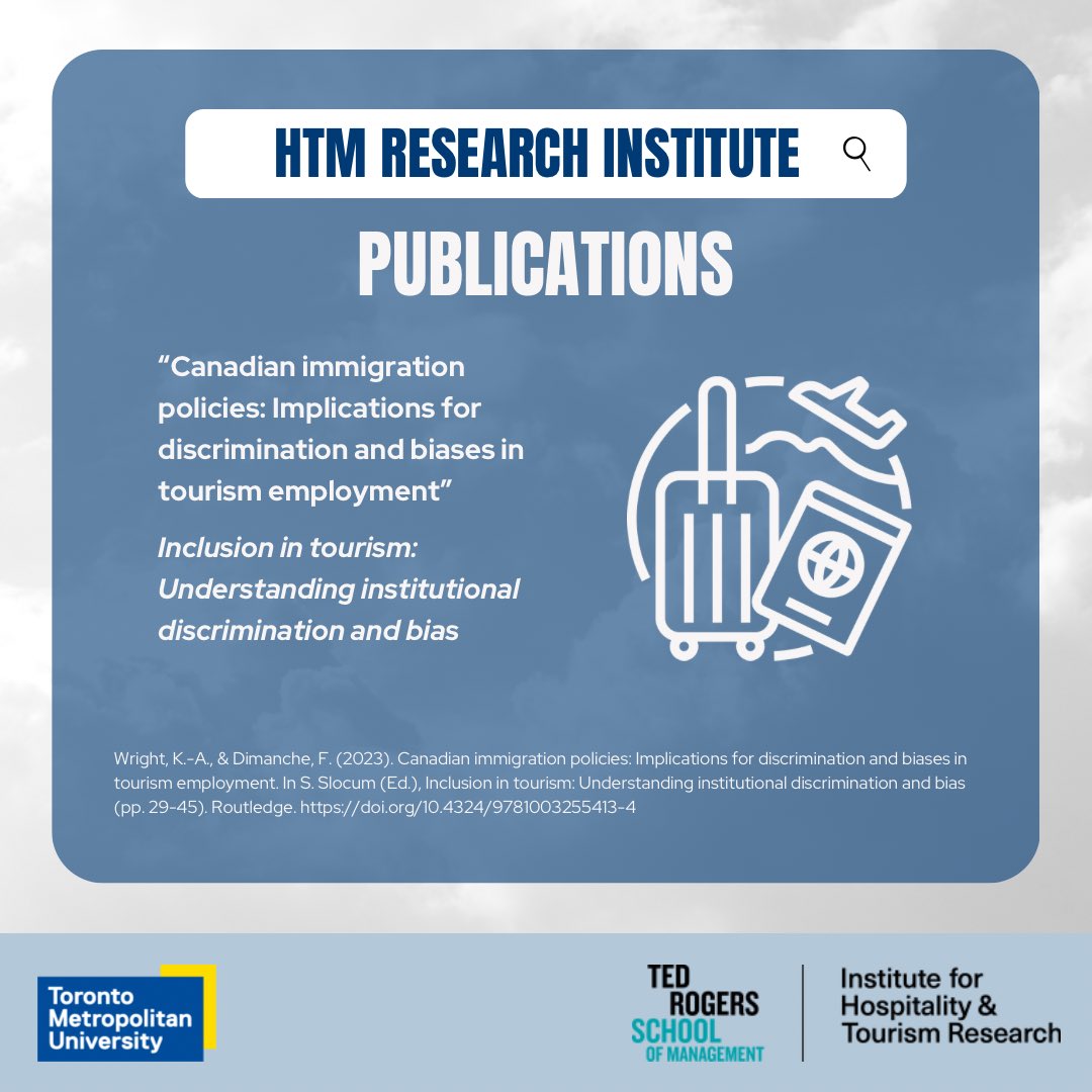 HTMResearch's tweet photo. Congratulations to Dr. Frederic Dimanche for his paper titled "Canadian immigration policies: Implications for discrimination and biases in tourism employment" published in the Inclusion in tourism: Understanding institutional discrimination and bias.

https://t.co/mYpNjTMMwS https://t.co/lB4W7c9iwD