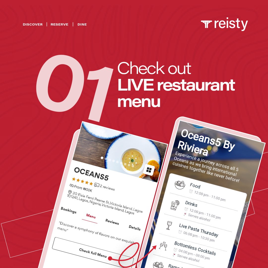 Reistyapp's tweet image. Which of these features would you love to try out on the @reistyapp?
With the Reisty App, dining out is made easy.
Make a Reservation today when you download the app, available on Play Store and AppStore
#reisty #restaurantmenu #restaurantreservation