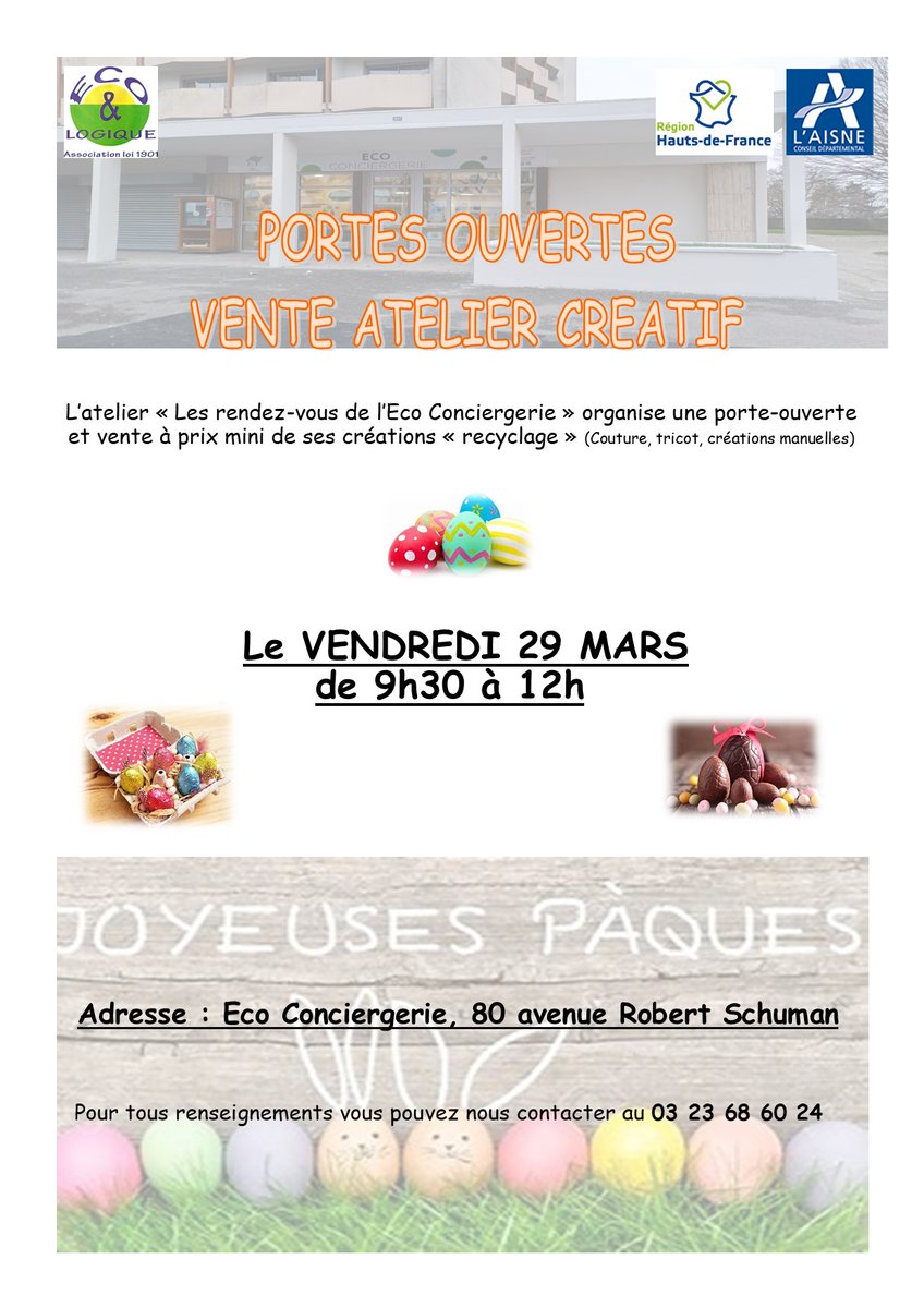 Ecoetlogique's tweet photo. 📷 Au programme de la semaine prochaine dans votre Eco Conciergerie 📷
-> VENTE à prix mini de nos créations recyclage pour Pâques VENEZ nous rendre visite le VENDREDI 29 MARS de 9h30 à 12h
N'hésitez pas à nous contacter au 03 23 68 60 24 https://t.co/IPdljOD5a2