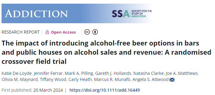 Really interesting new paper in @AddictionJrnl looking at the impact of pubs adding an alcohol-free beer on draught. Standard beer sales fell by 4-5%, but there was no evidence of a fall in total sales revenue for the pubs. doi.org/10.1111/add.16…