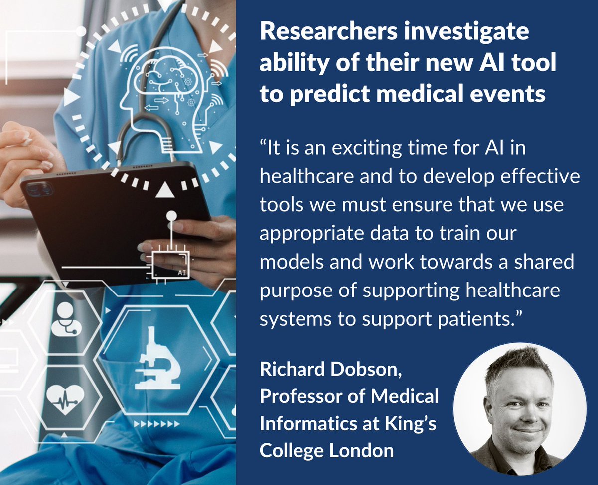 A new study funded by @NIHRresearch & @HDR_UK led by @KingsCollegeLon has demonstrated the potential of a #GenerativeAI tool they developed to predict the health trajectory of patients by forecasting future disorders, symptoms, medications and procedures: maudsleybrc.nihr.ac.uk/posts/2024/mar…