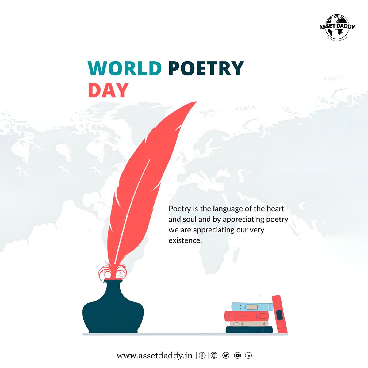 The only language of the heart is poetry. Write a poem and speak
your heart out on this day. 𝐇𝐚𝐩𝐩𝐲 𝐖𝐨𝐫𝐥𝐝 𝐏𝐨𝐞𝐭𝐫𝐲 𝐃𝐚𝐲!

Explore At - assetdaddy.in

#assetdaddy #worldpoetryday #poetry #prosepoetry #poetrydaily
#instapoetrygram #poetrynight