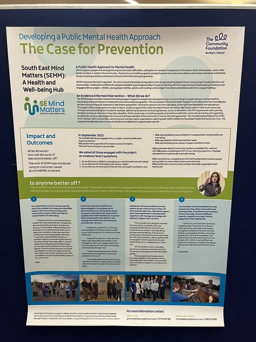 We are delighted to be sharing the work of #SEMM funded by <a href="/CFNIreland/">Community Foundation for Northern Ireland</a> at Public Mental Health Conference <a href="/QUBelfast/">Queen's University Belfast 🎓</a> . Fantastic to see such a wide range of programmes being shared including from our colleagues across the  <a href="/HLCAlliance/">Healthy Living Centre Alliance</a> <a href="/DownRural/">County Down Rural Community Network</a> <a href="/PCA_SALLYG/">PCA@Sallygardens</a> <a href="/PeninsulaHLP/">Peninsula Healthy Living Partnership</a>