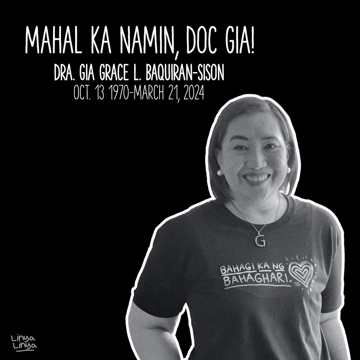 linyalinya's tweet photo. Kay Doc @giasison – ina, asawa, kapatid, at kaibigan, doktor, podcaster, host at mental health champion– nagmamahal, at minamahal ng marami. Sa buong-puso mong pag-aalay ng kaalaman, ng lakas, ng sigla para sa iba– maraming, maraming salamat. https://t.co/lHeq1PV1Wn