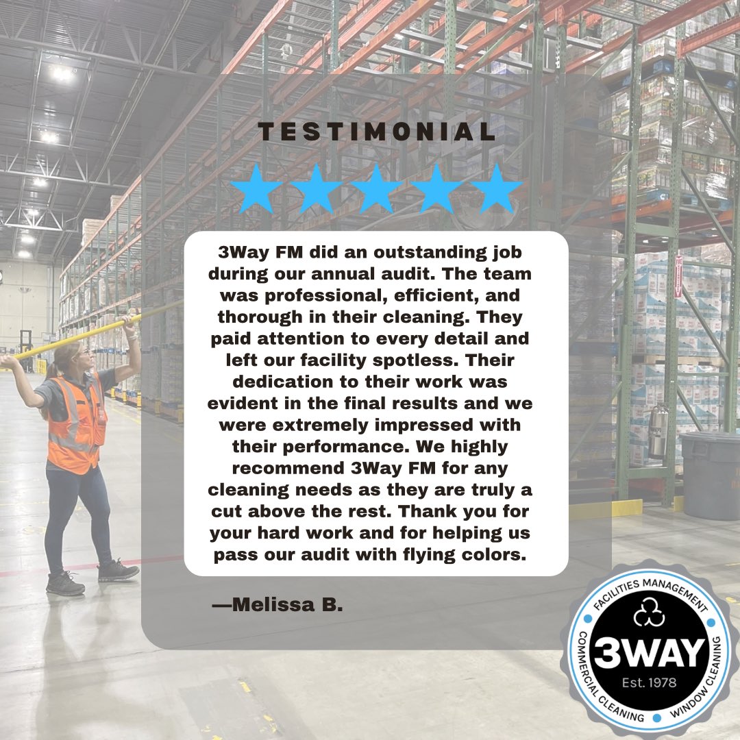 Thrilled to share a fantastic client testimonial for our warehouse cleaning services! Thank you for trusting us to make your warehouse spotless. Let our expert team help you create a cleaner, safer work environment! #warehousecleaning #detailcleaning #cleaningservice