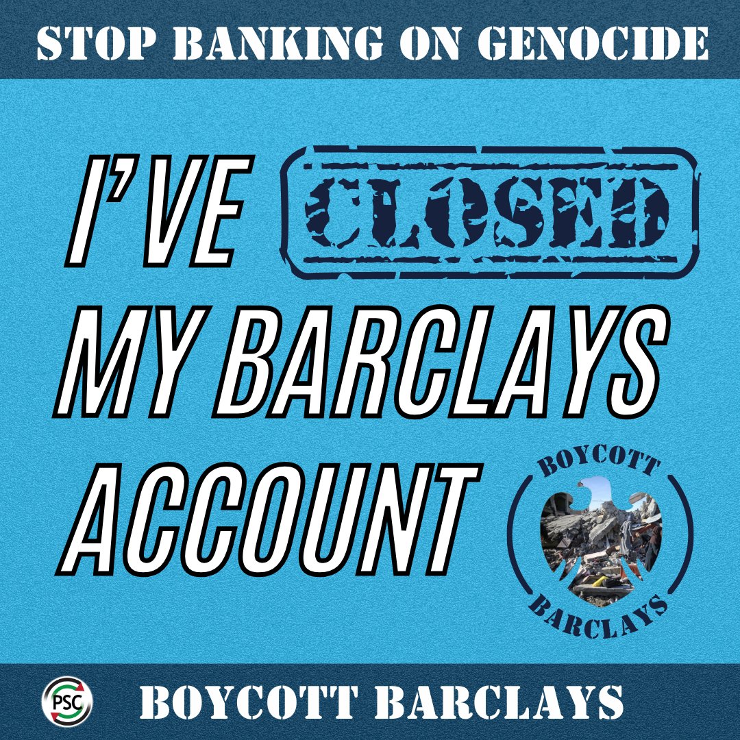 JalaalHartley's tweet photo. Today, I've closed my Barclays account with 1000+ others in protest at the bank's financing of arms companies supplying weapons for Israel's genocidal assault on Palestinians. Join the campaign to #BoycottBarclays: https://t.co/VduViLIYPu https://t.co/X6xKpv4ZFB