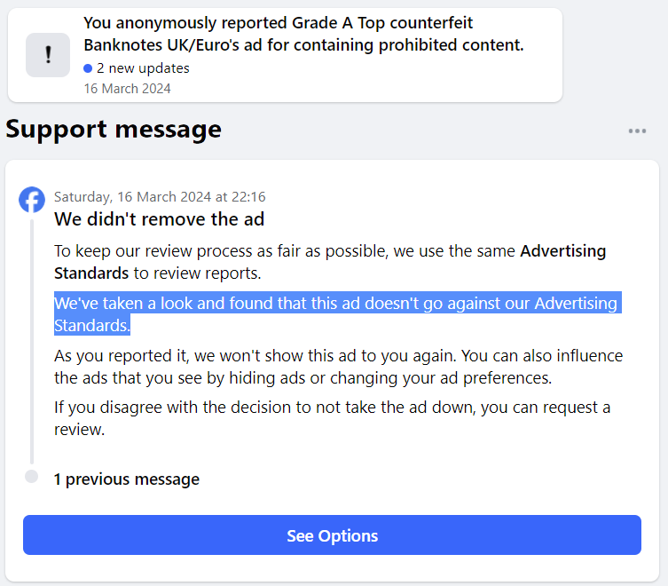 Apparently it's fine to advertise counterfeit banknotes, great work Facebook 👍