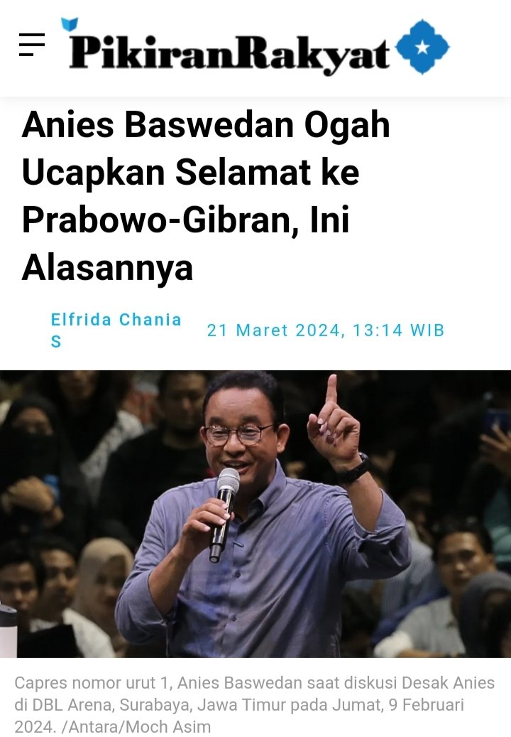 Dear <a href="/PKSejahtera/">DPP PKS</a>

Mana yang lebih beretika?
Anjing atau <a href="/aniesbaswedan/">Anies Rasyid Baswedan</a> ?

Udah dibantu jabatan dan dikasih makan sekeluarga, 

Malah menolak hasil pemilu yg dimenangkan <a href="/prabowo/">Prabowo Subianto</a> <a href="/gibran_tweet/">Gibran Rakabuming</a> ?

Anjing sj masih bisa berbuat baik pd Tuan yg memberi makan

pikiran-rakyat.com/nasional/amp/p…