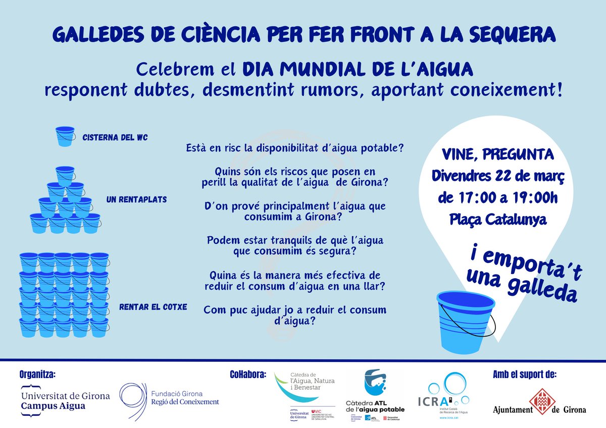 ❓Perquè estem en sequera? És la més important de la historia? És conseqüència del canvi climàtic? 📣 Apropa’t demà a la tarda, a Plaça Catalunya, i investigadors del Campus Aigua t’ho respondran! @univgirona @fundacioGRC @IcraWater @catedraATL @Catedra_Aigua @Girona_Cat