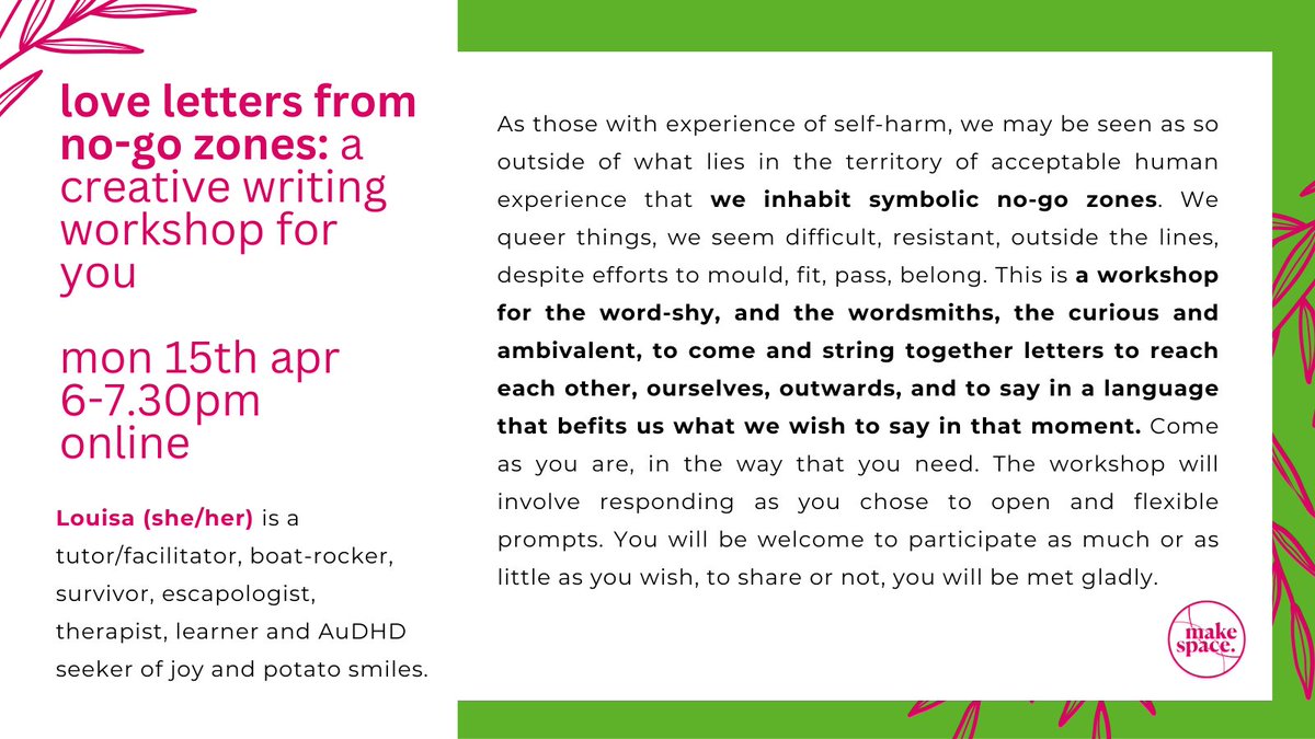 ✍️ We're kicking off Arts &amp; Ourselves with a creative writing workshop from Louisa, Mon 15th Apr, 6-7.30pm. The space is for all folks w/ experience of self-harm, to inhabit &amp; write from those symbolic no-go zones. Sessions are free + online. 📜 Sign up: bit.ly/3Ts73Cv