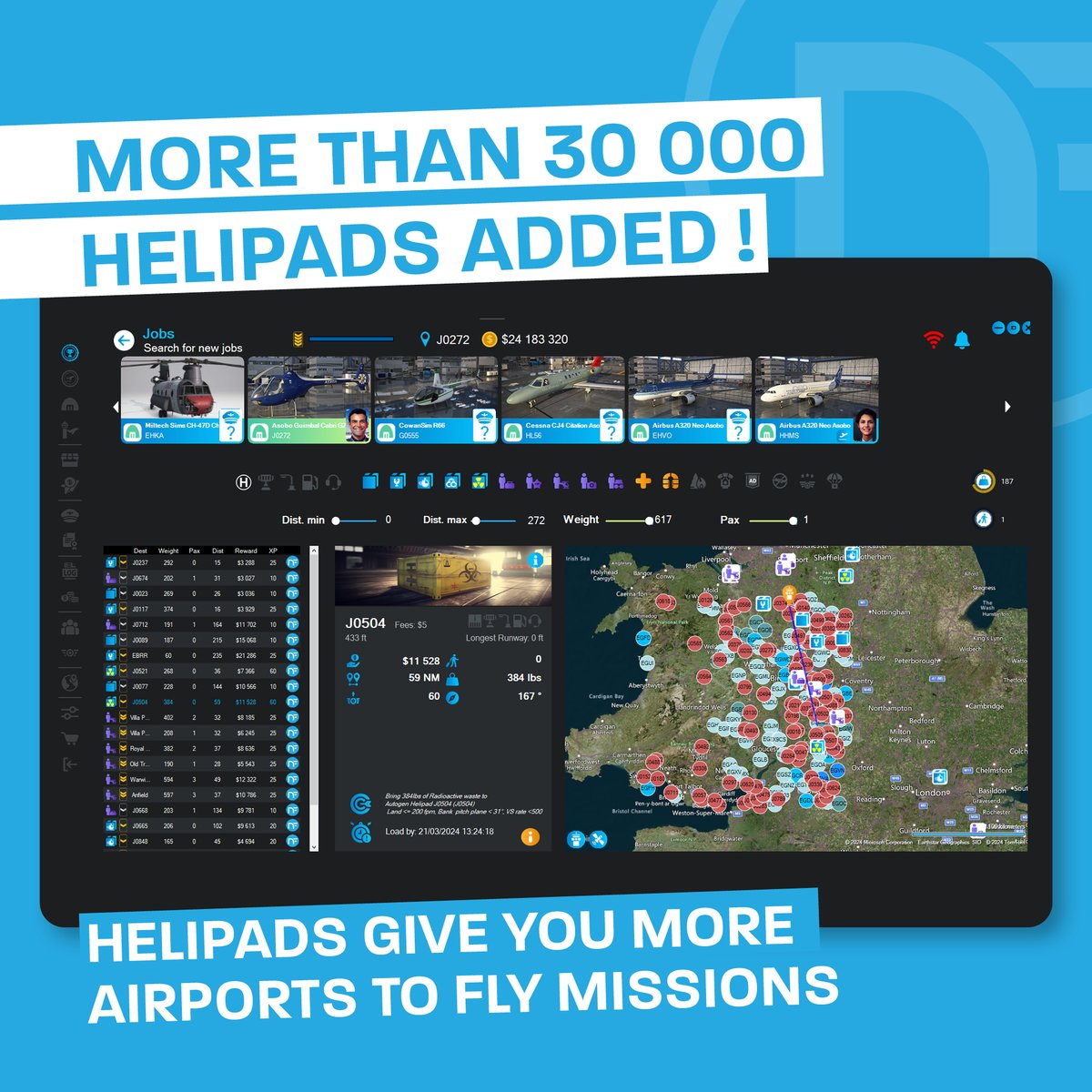 NeoFly11's tweet image. New free Neofly Feature : Added support for SimFocus Autogen Helipads (free) and Aerosoft Offshore Landmarks: North Sea (oil rigs). More than 30 000 helipads added, giving you more airports to fly missions to and from. Enjoy ! #neolfy #msfs2020