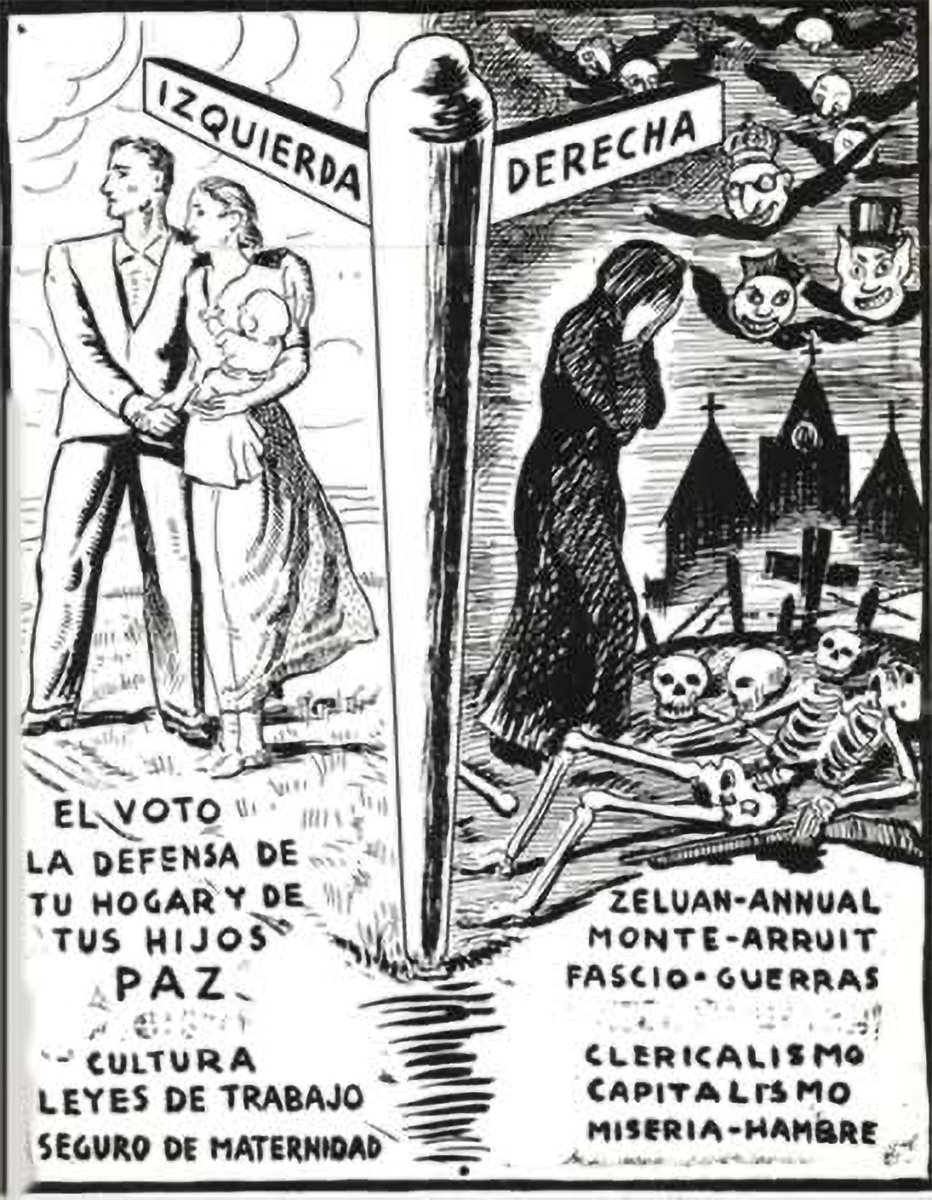 Spanish pamphlet produced by the Popular Front (ca. February 1936) contrasting the paths of 'Left' and 'Right', the former leading to joy and peace, and the latter to death and misery.