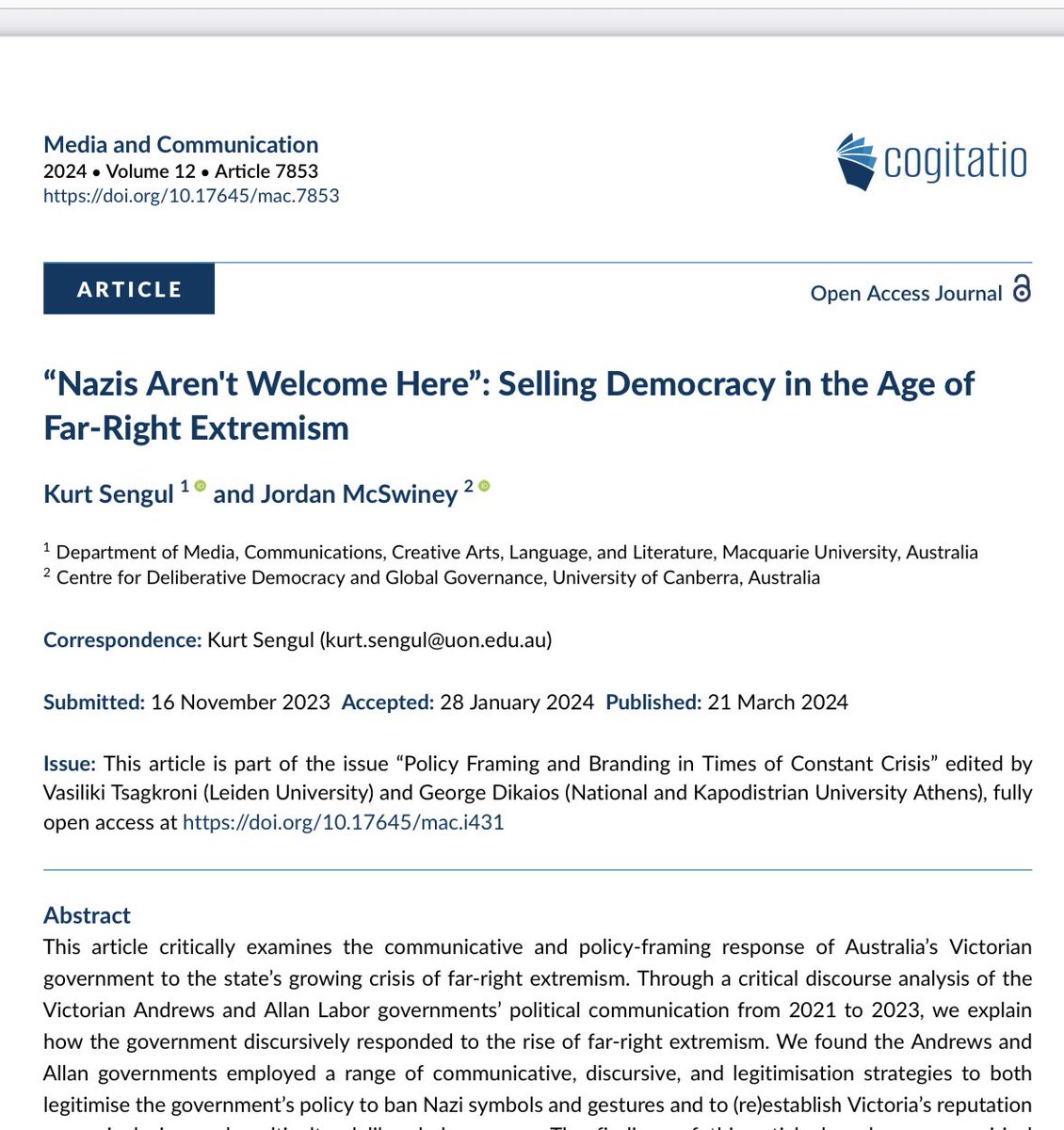 🚨 New article (🔓 access) Thrilled to see this bad boy out in @CogitatioMaC. Jordan and I examine the Victorian government’s response to the state’s RW extremism crisis: “Nazis aren’t welcome here”: selling democracy in the age of far-right extremism cogitatiopress.com/mediaandcommun…