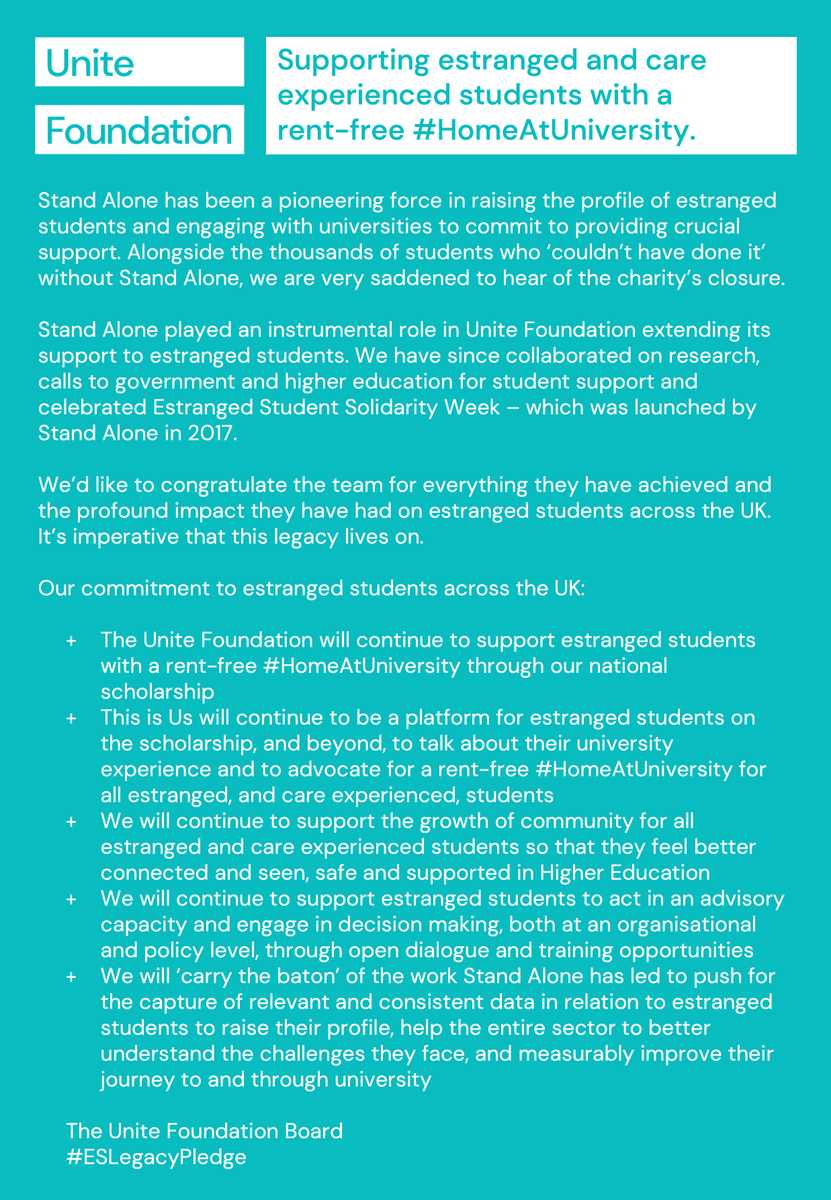 Estranged students should feel seen, safe and supported in higher education. Today @StandAloneHE is #PassingTheBaton, this is our #ESLegacyPledge