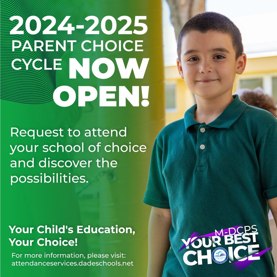 Excited about a new start for 2024-2025 school year. Join us @ MDCPS. Enrollment OPEN based on PARENT CHOICE in schools throughout the community.