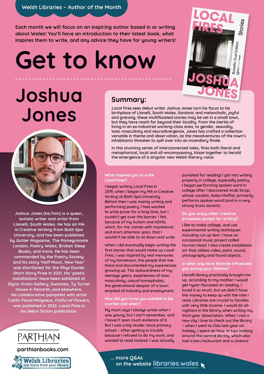 Congratulations @nothumanhead as Local Fires reaches the @dylanthomprize shortlist!🎉 In this debut collection, Joshua turns his focus to his birthplace of Llanelli. Sardonic & melancholic, joyful & grieving, the stories reach far beyond their locality. libraries.wales/aotm/joshua-jo…